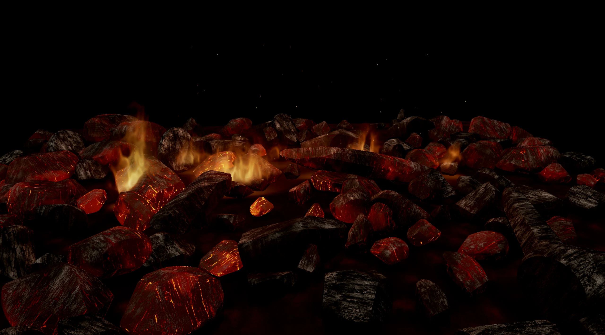 Forgefield Ember: Glowing coals and flames in a procedural ember bed.