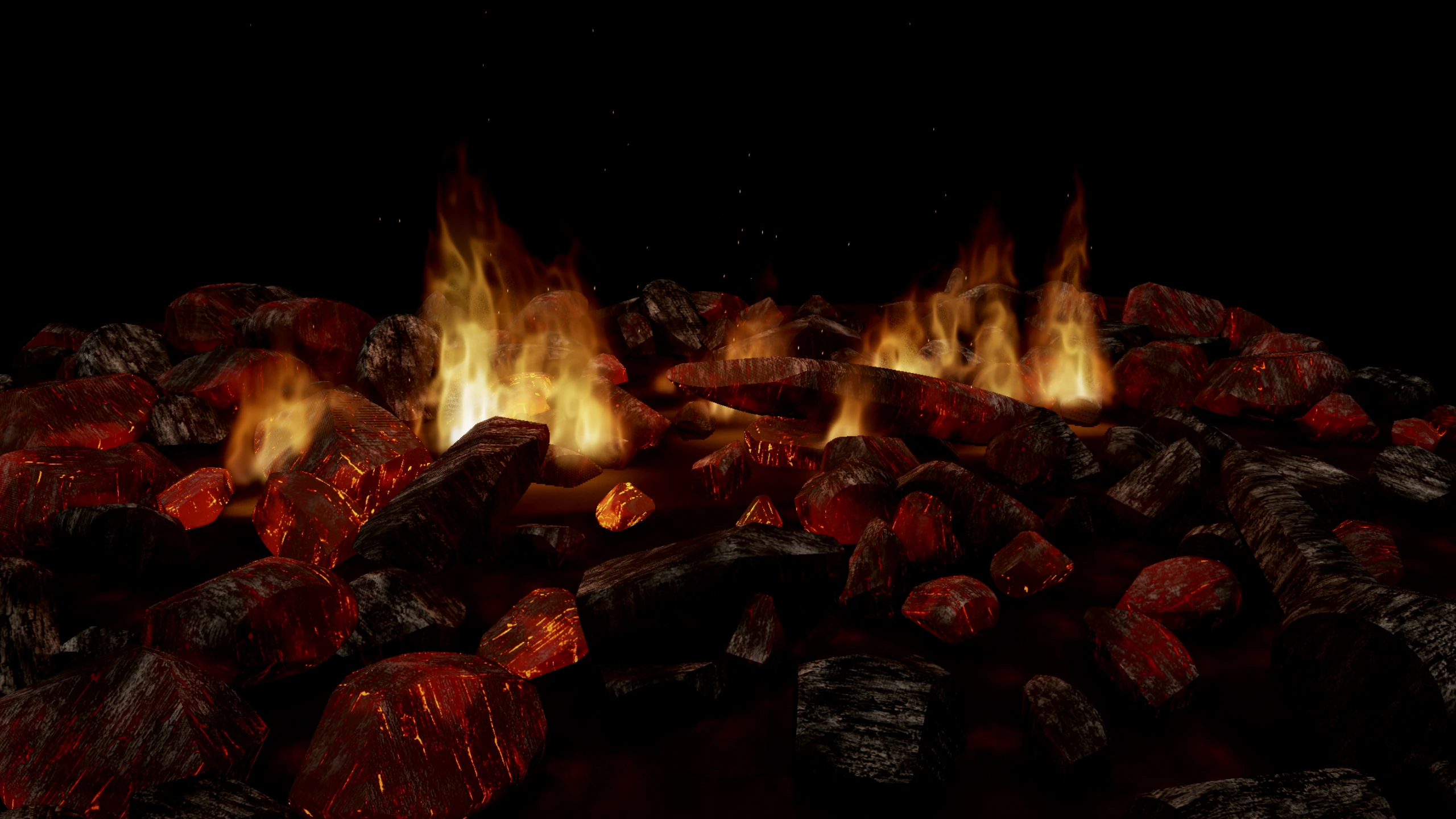 Forgefield Ember: Glowing coals and flames in a procedural ember bed.