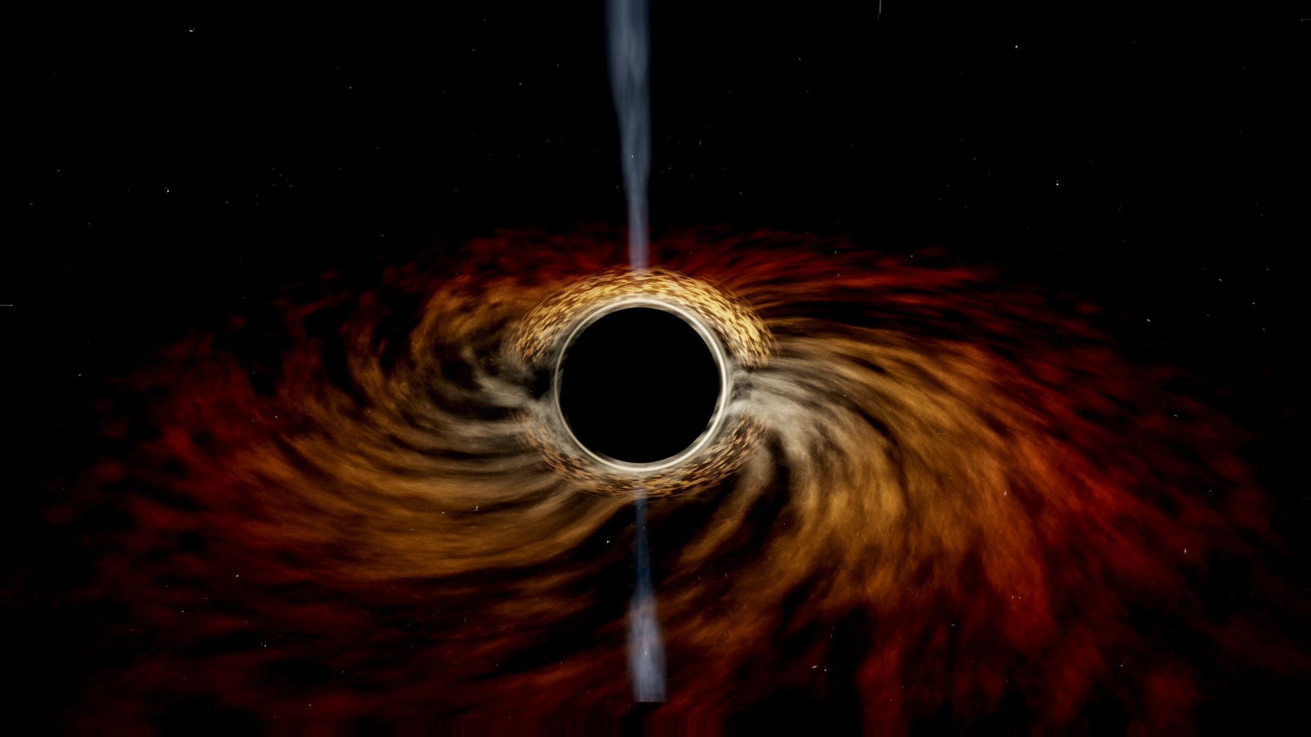 Eventide in Forgefield: a bright black-hole accretion ring with flowing copper material and polar jets.
