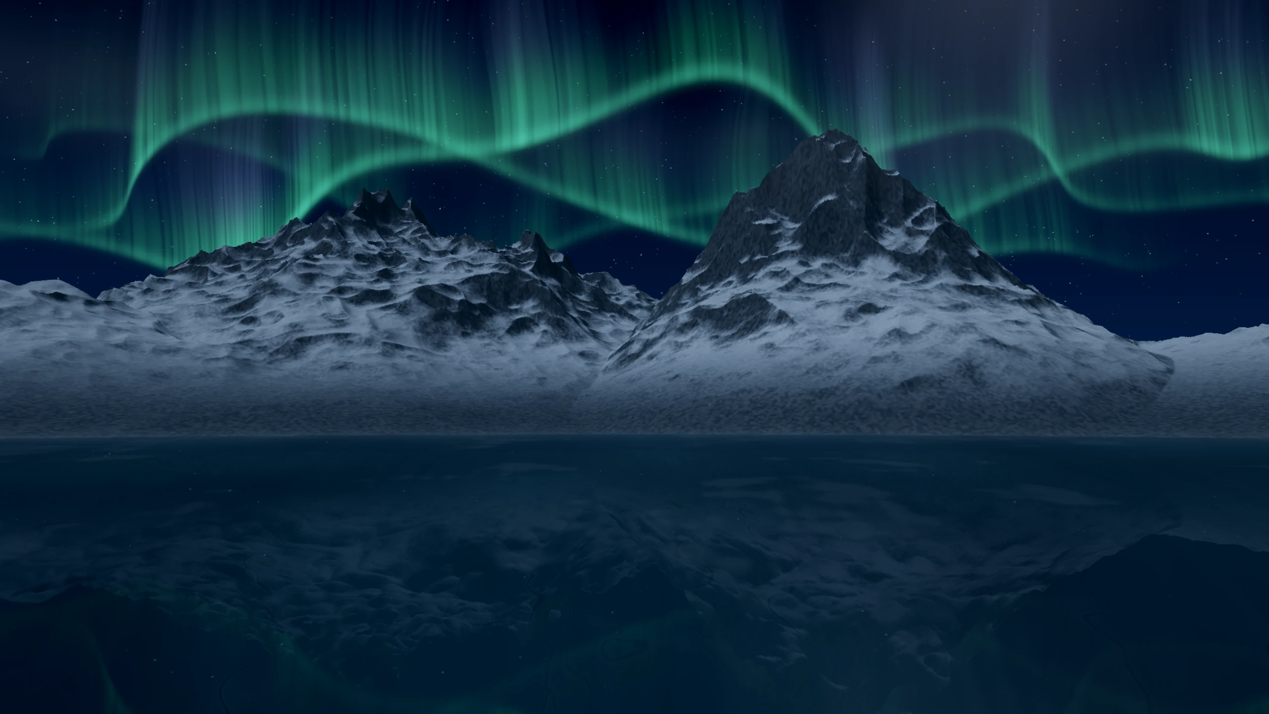Forgefield Polar Night: Aurora curtains above snow-covered mountains and a reflective dark surface.