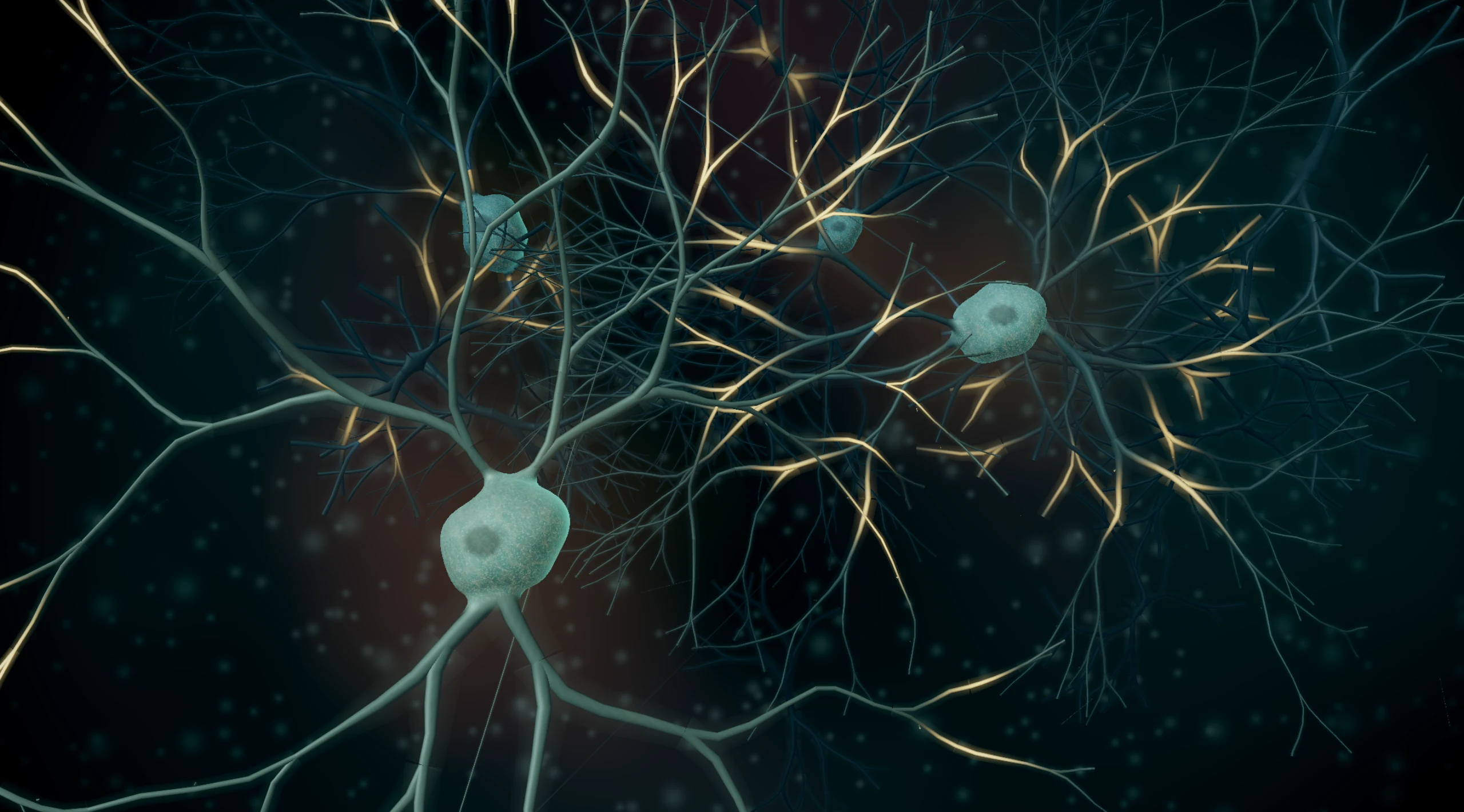 Forgefield Synapse: Branching neural structures with pale cell bodies and illuminated connections.