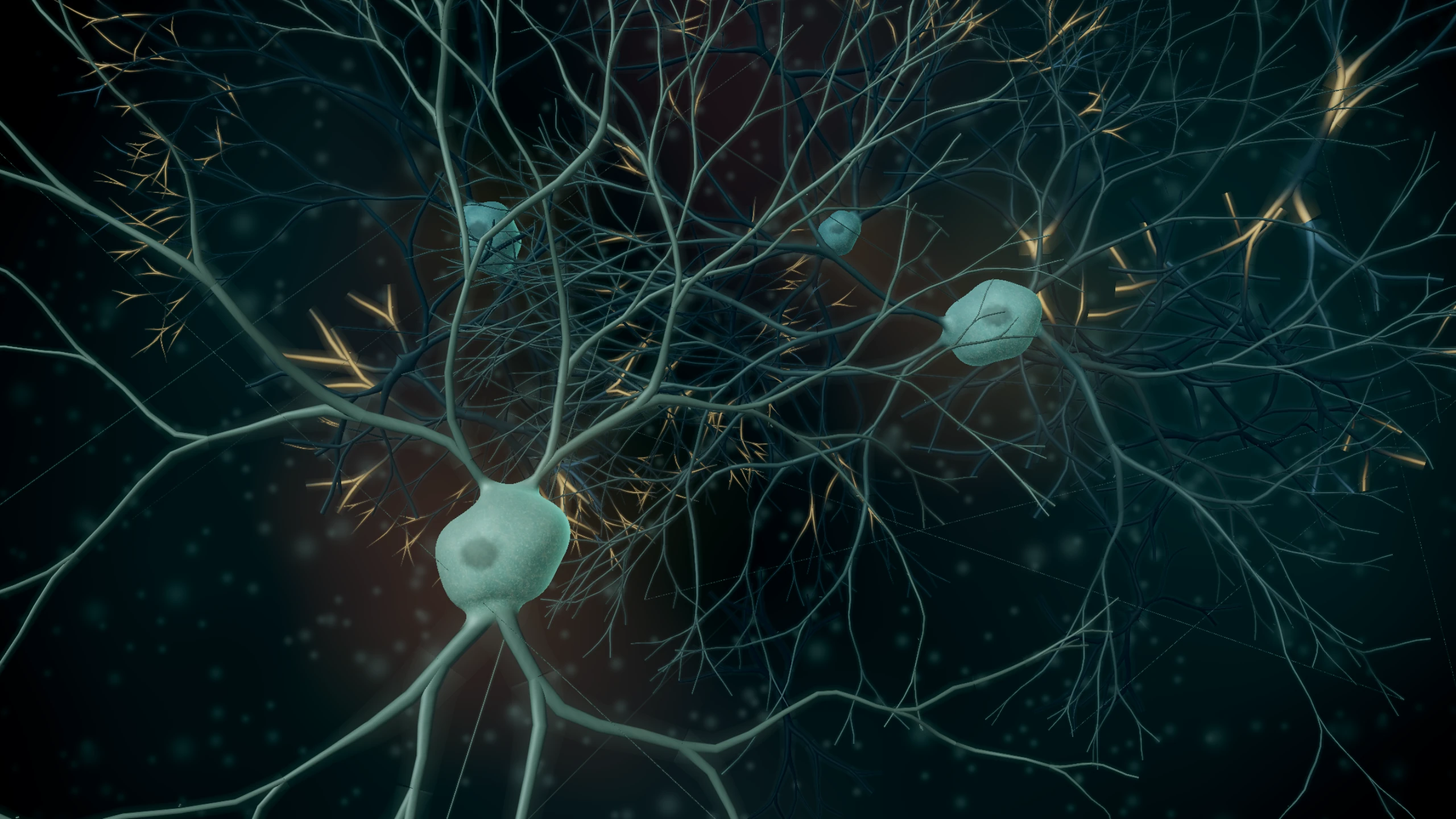 Forgefield Synapse: Branching neural structures with pale cell bodies and illuminated connections.