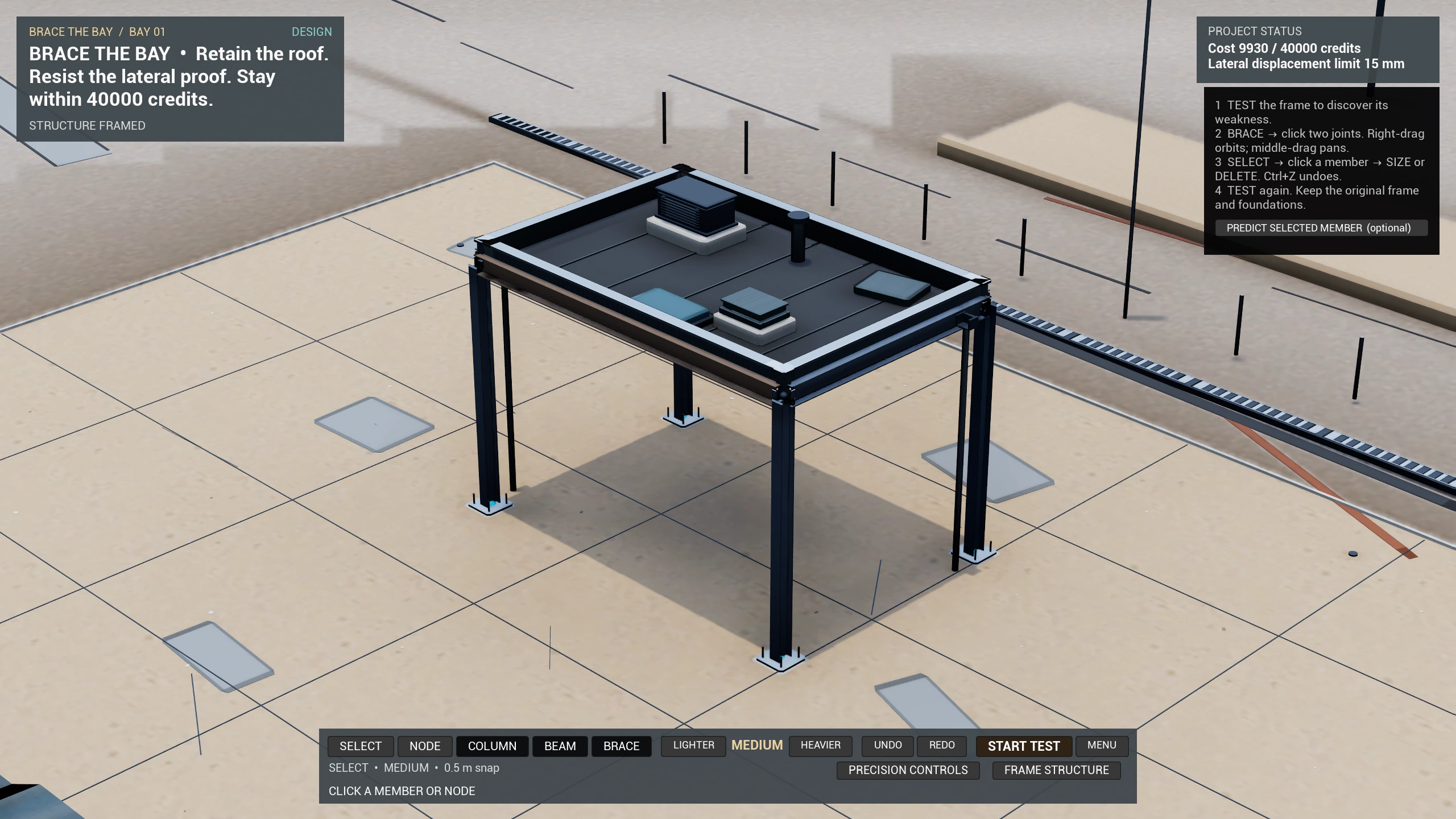 Brace the Bay construction view with an unbraced steel frame, editing tools, and the load-test action.