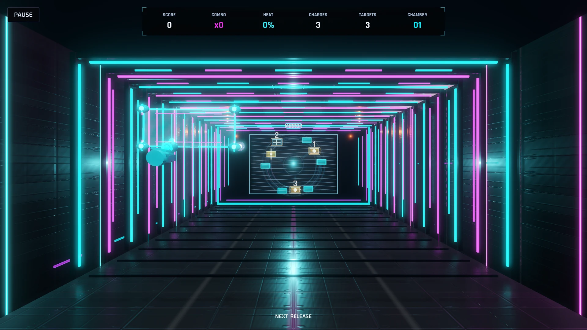Phase Breaker gameplay inside a cyan and magenta containment chamber.