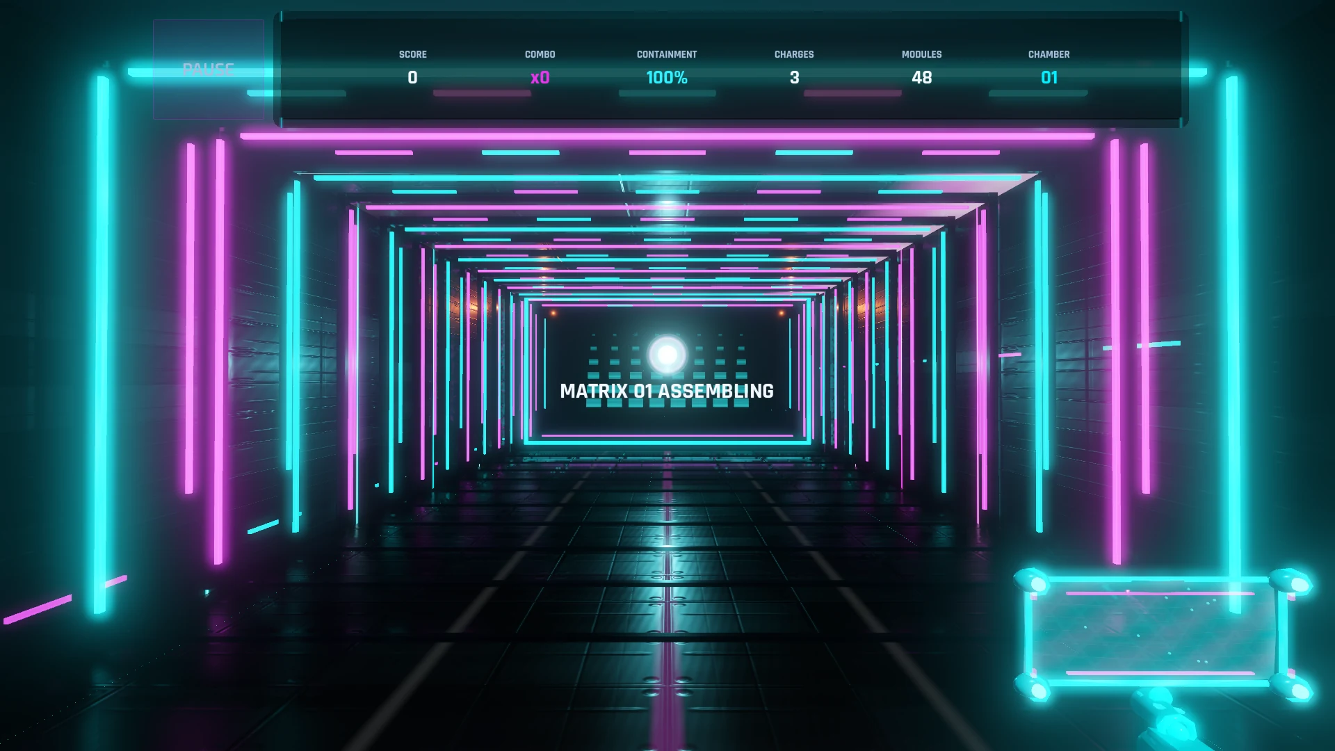 Phase Breaker gameplay inside a cyan and magenta containment chamber.