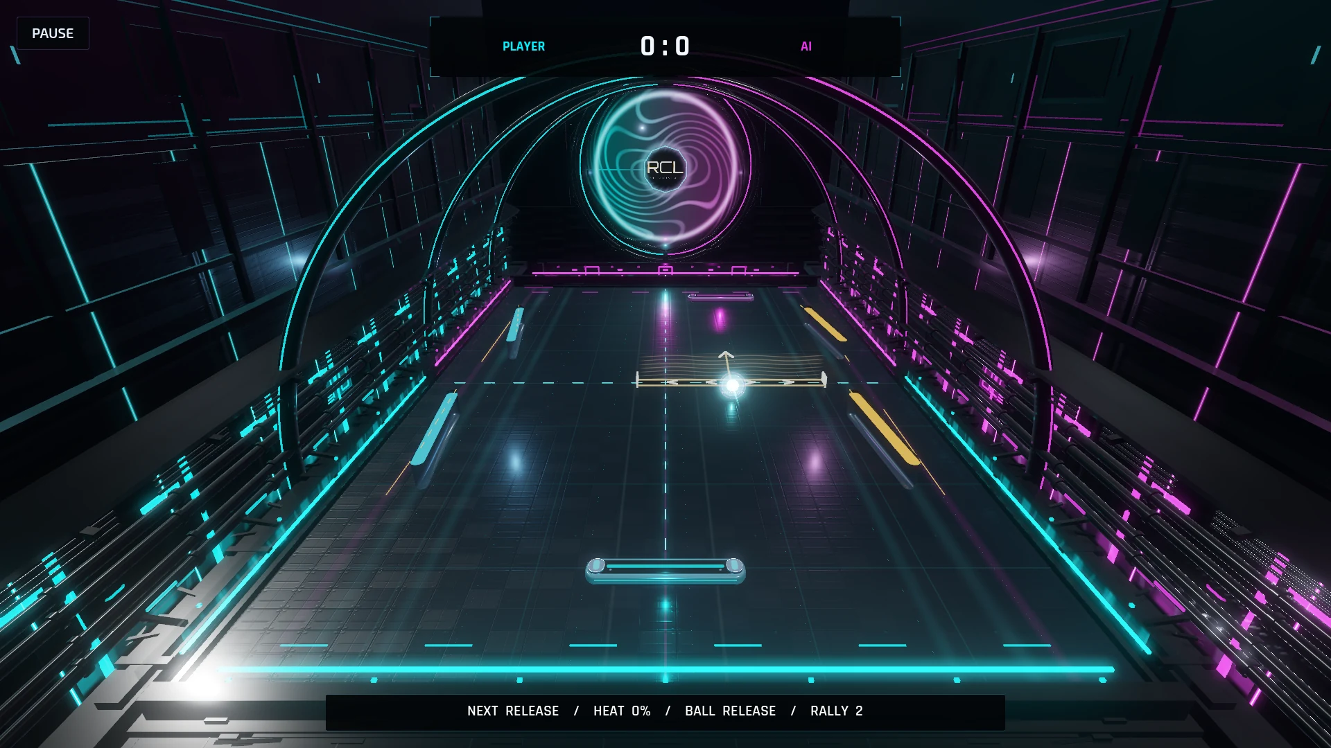 Phase Court desktop gameplay showing a cyan player paddle returning the glowing ball across the magenta court.
