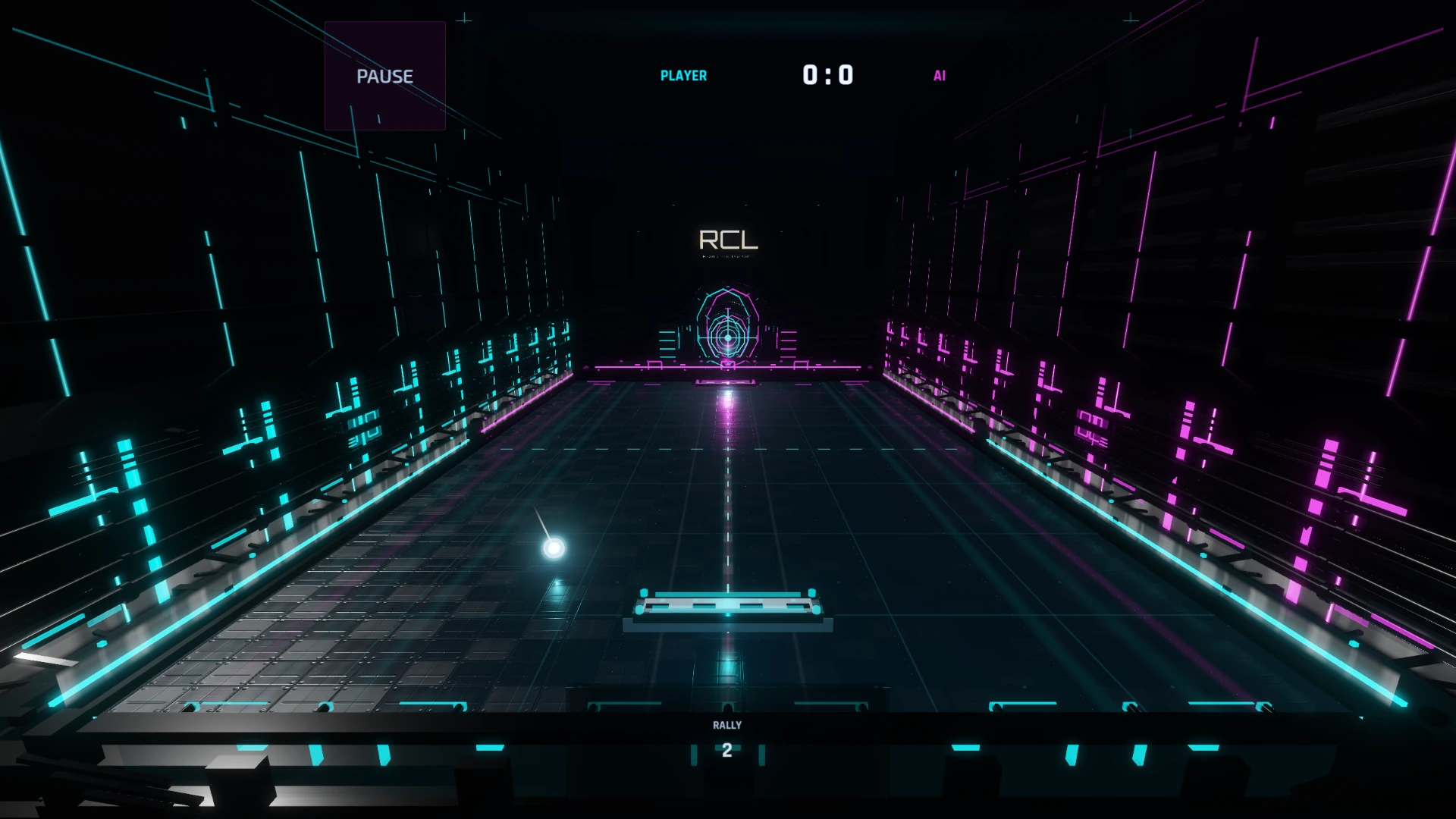 Phase Court desktop gameplay showing a cyan player paddle returning the glowing ball across the magenta court.