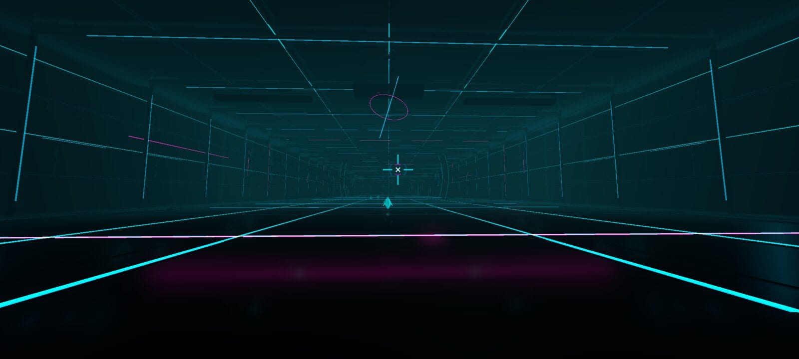 A defensive neon lane with a central reticle from Phase Defense, emphasizing pressure and target prioritization.