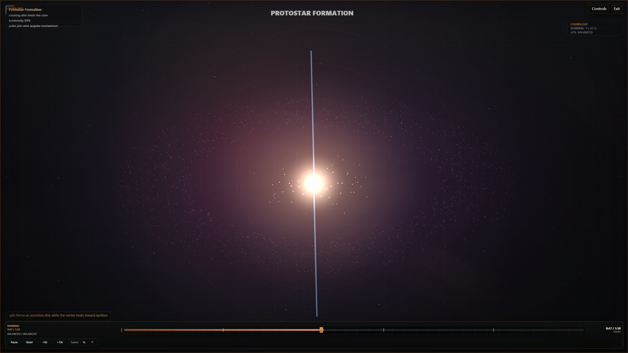 RCL Science Lab protostar formation simulation interface.