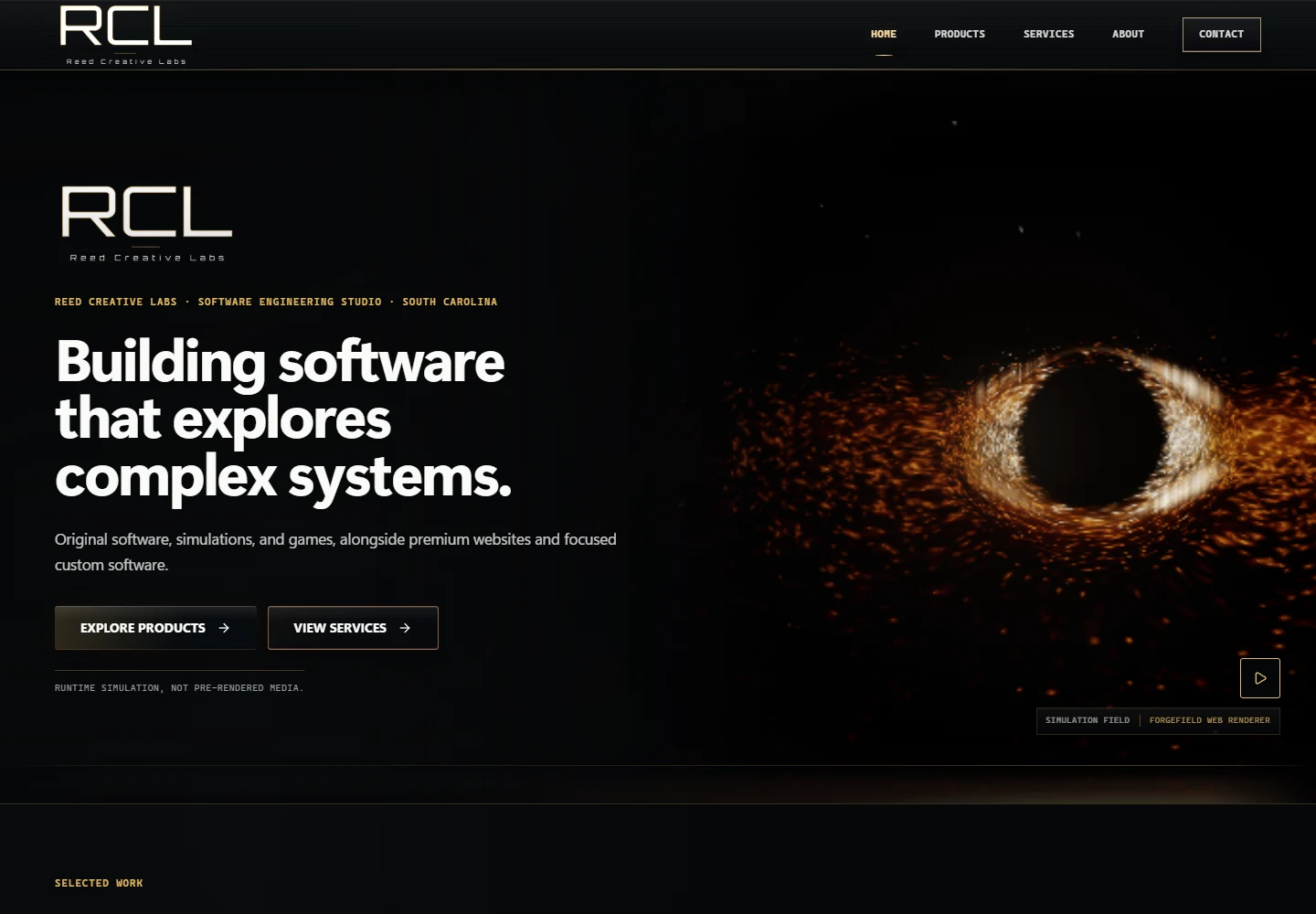 RCL homepage in desktop Chrome with the live black-hole renderer and readable studio introduction.