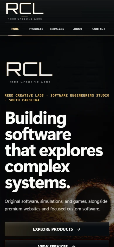 RCL homepage at 390 pixels wide with stacked actions and its reduced-motion static renderer image.