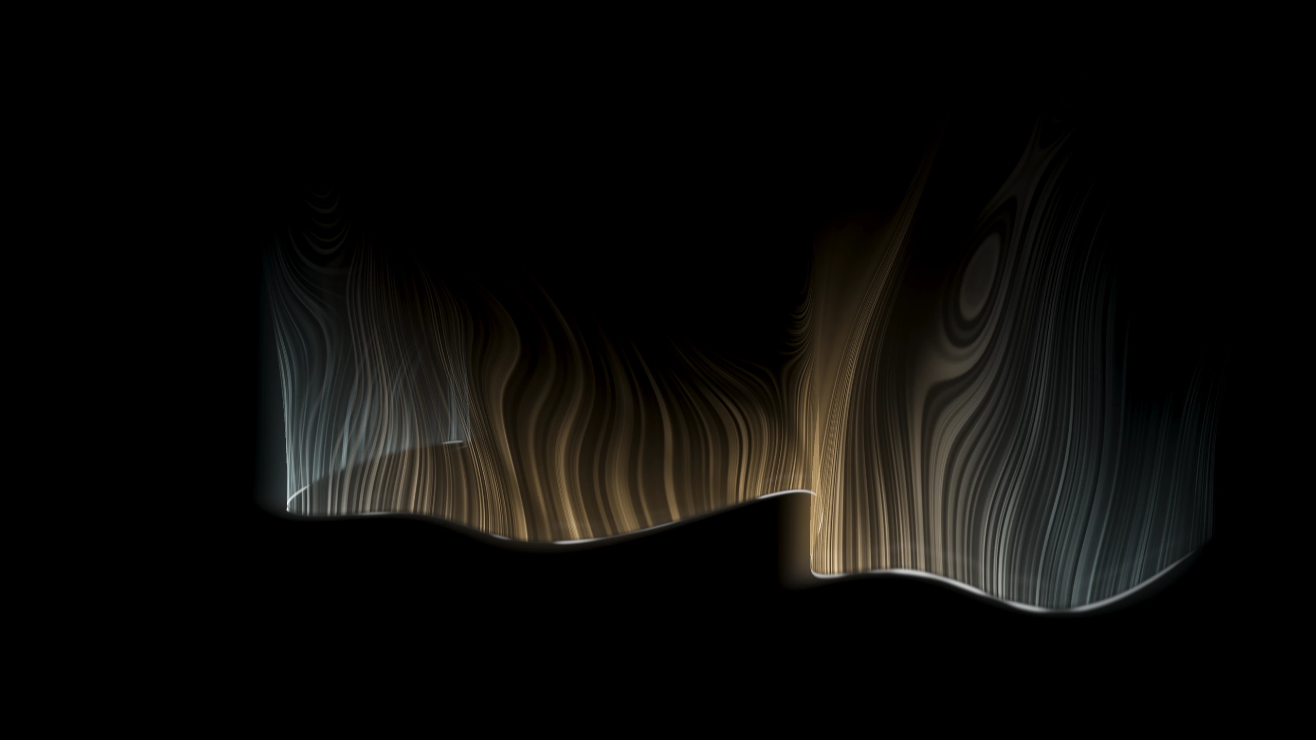 Static Drift Aurora Veil: layered curtains of silver and warm light on a black background.