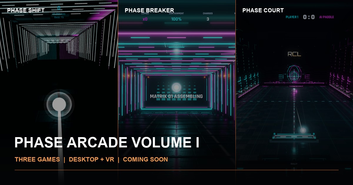 Phase Arcade Volume I collage showing real Phase Shift, Phase Breaker, and Phase Court gameplay.