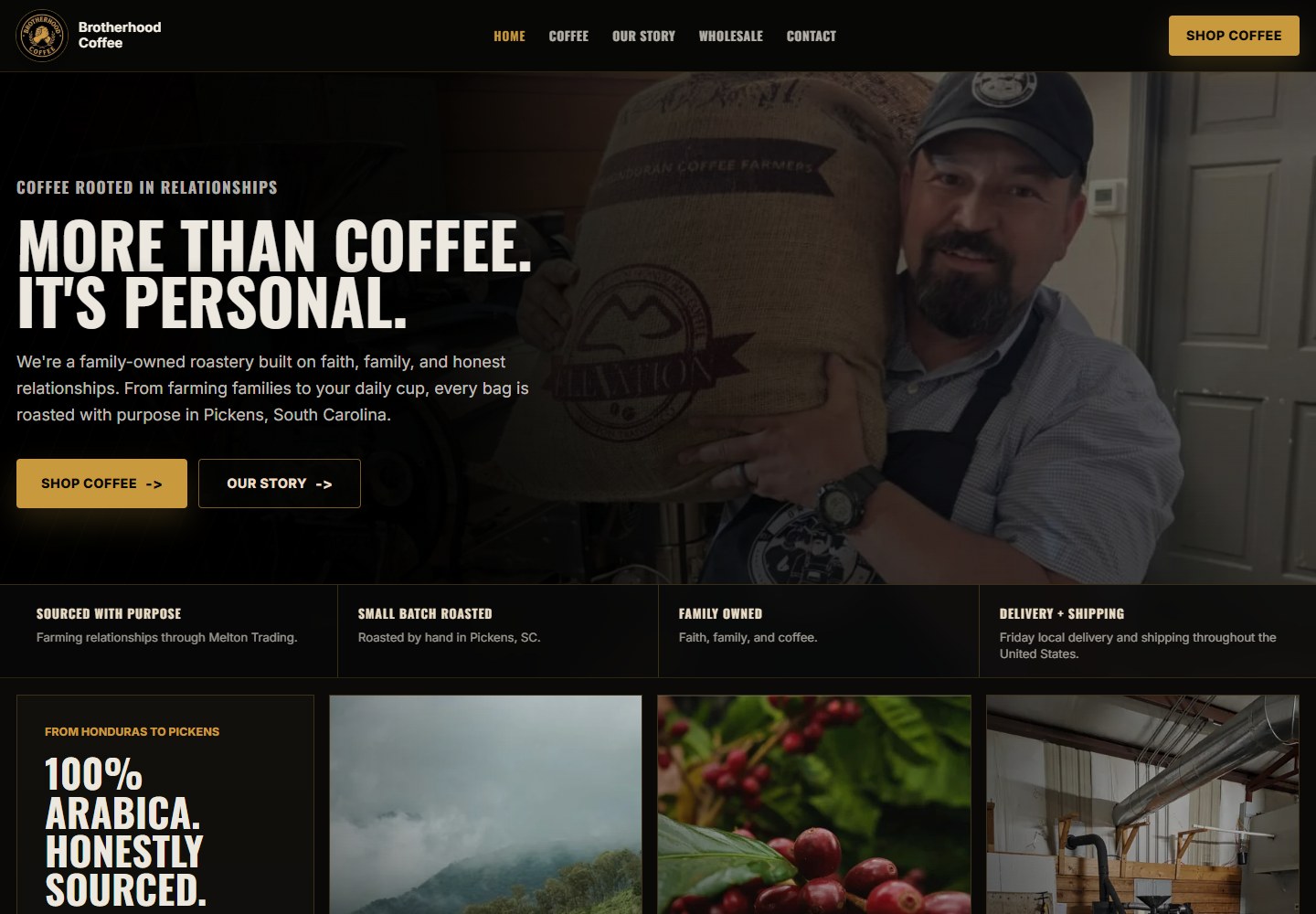 Brotherhood Coffee website with the roastery’s own photography, company story, and Shop Coffee action.