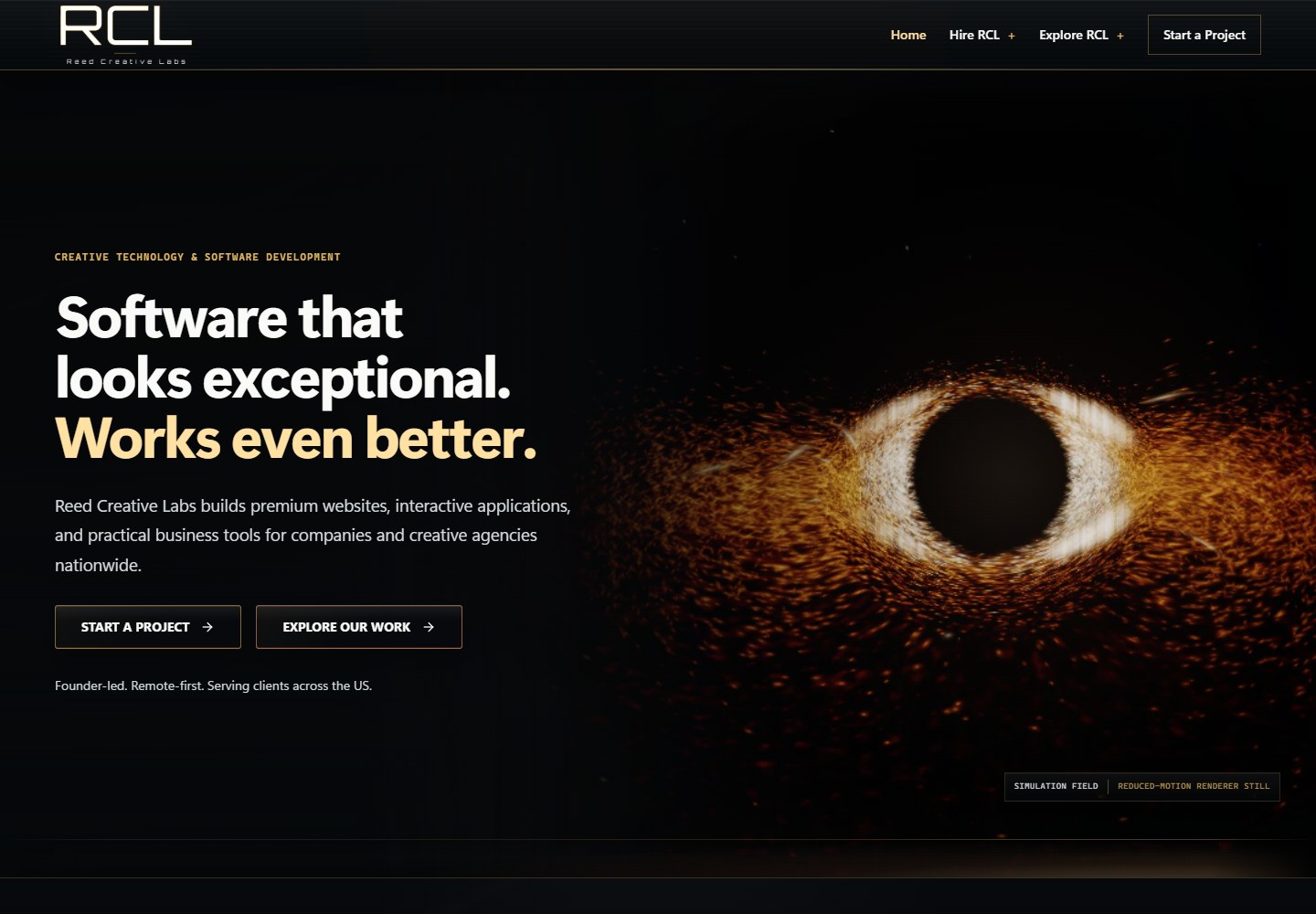 October 2026 RCL desktop website with a black-hole visualization.